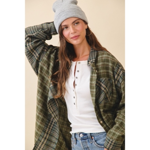 Olive Green Kambrie Button Down Plaid Patchwork Flannel Casual Shirt - Picture 5 of 9